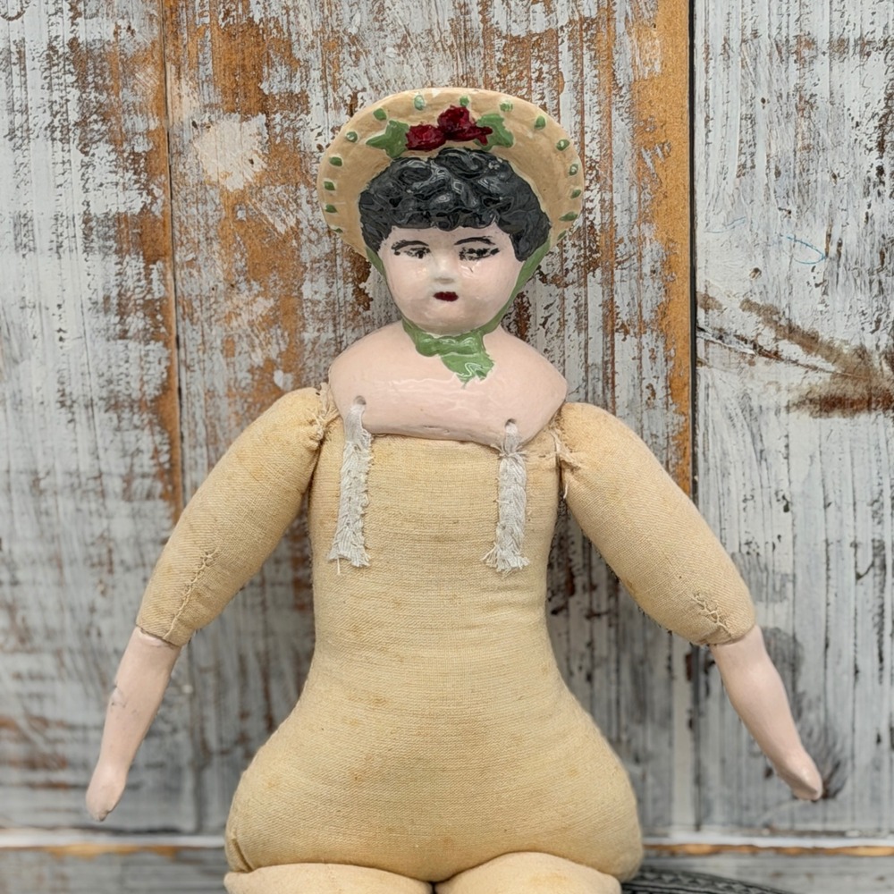 Antique Style China Head Doll Cloth Body Porcelain Limbs Painted Bonnet Hat 9in